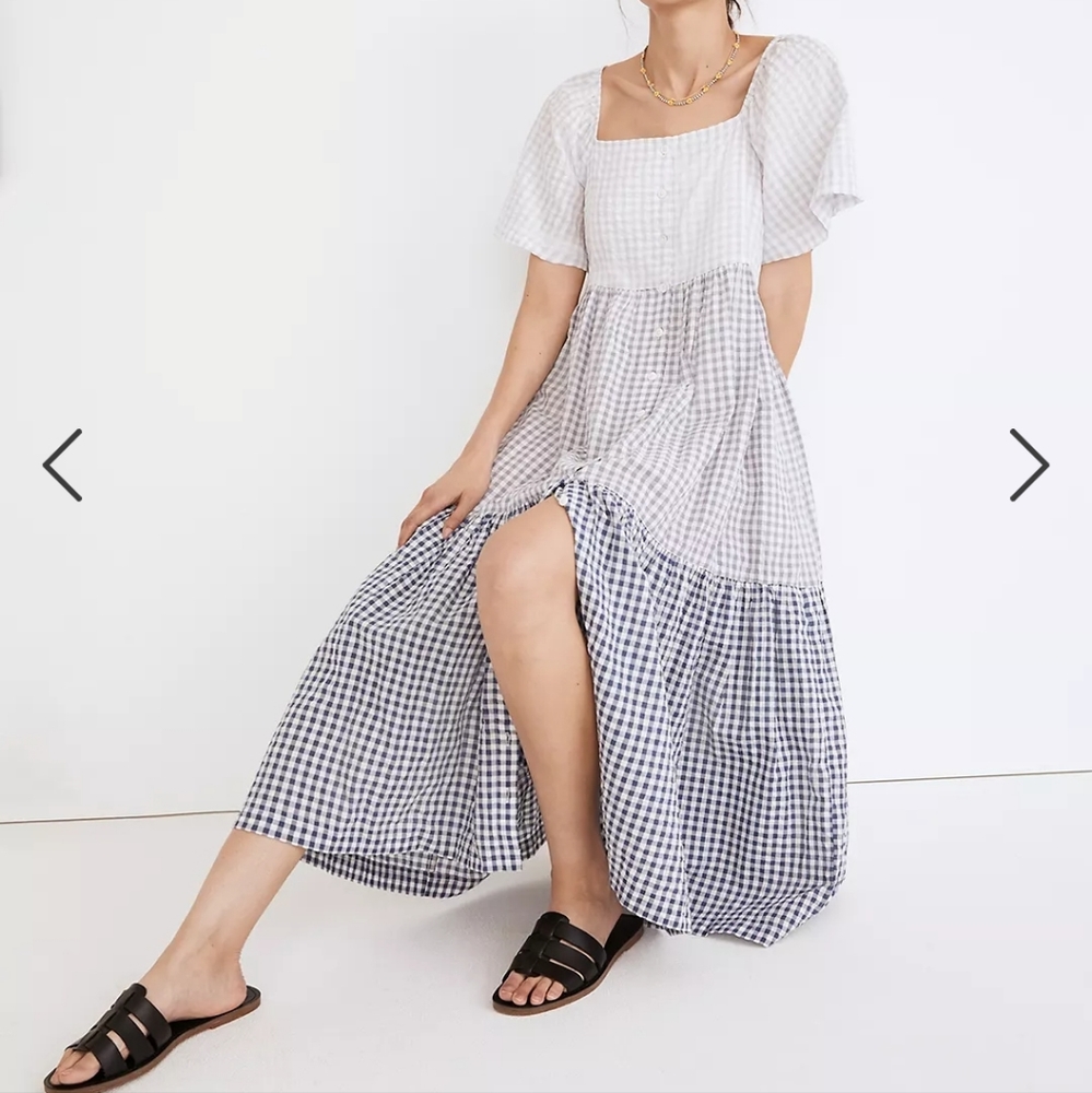 Madewell Patchwork Gingham Button-front Tiered Midi Dress